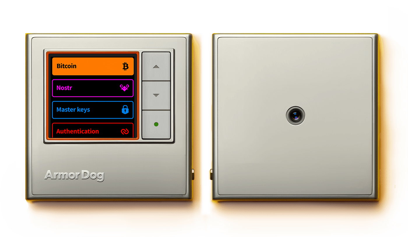 The Armor Dog hardware device with its four-line screen and mechanical buttons