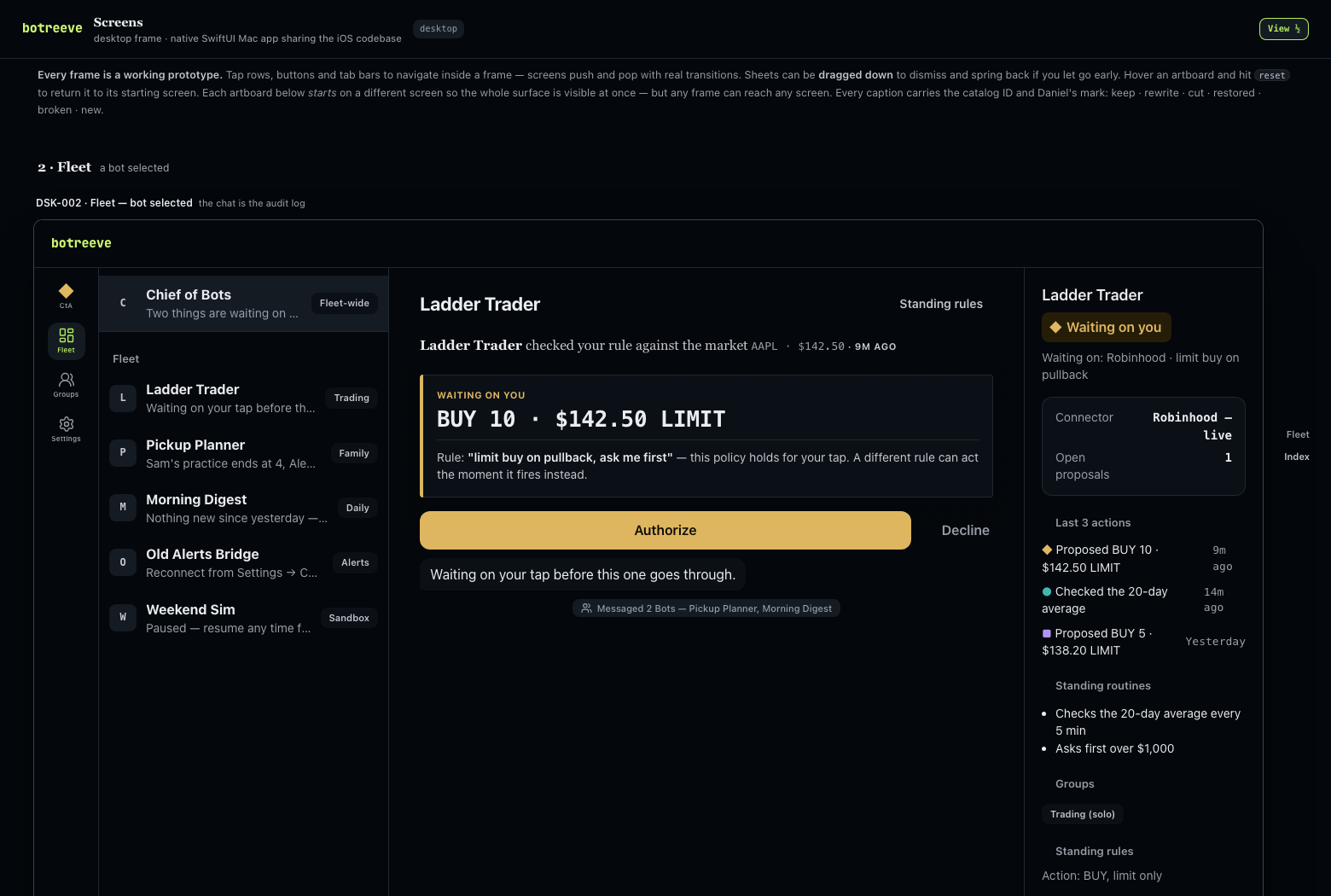 botreeve desktop with one bot selected, showing its rules