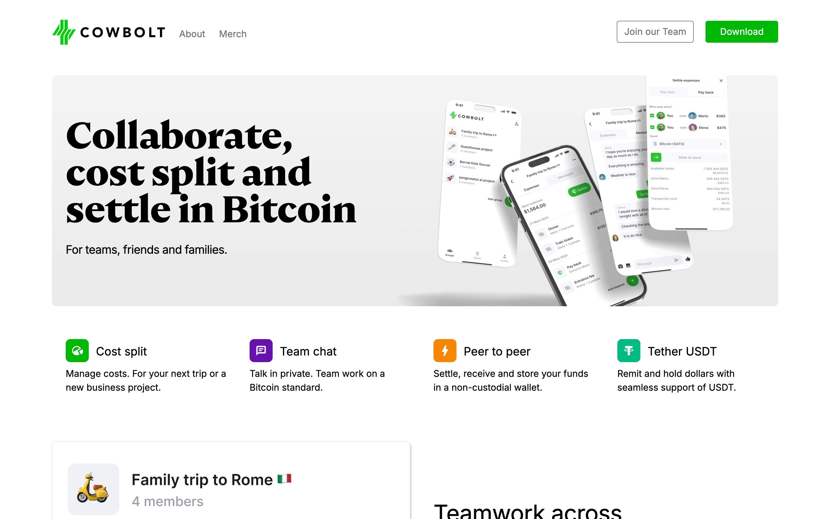 The Cowbolt website: collaborate, cost split and settle in Bitcoin