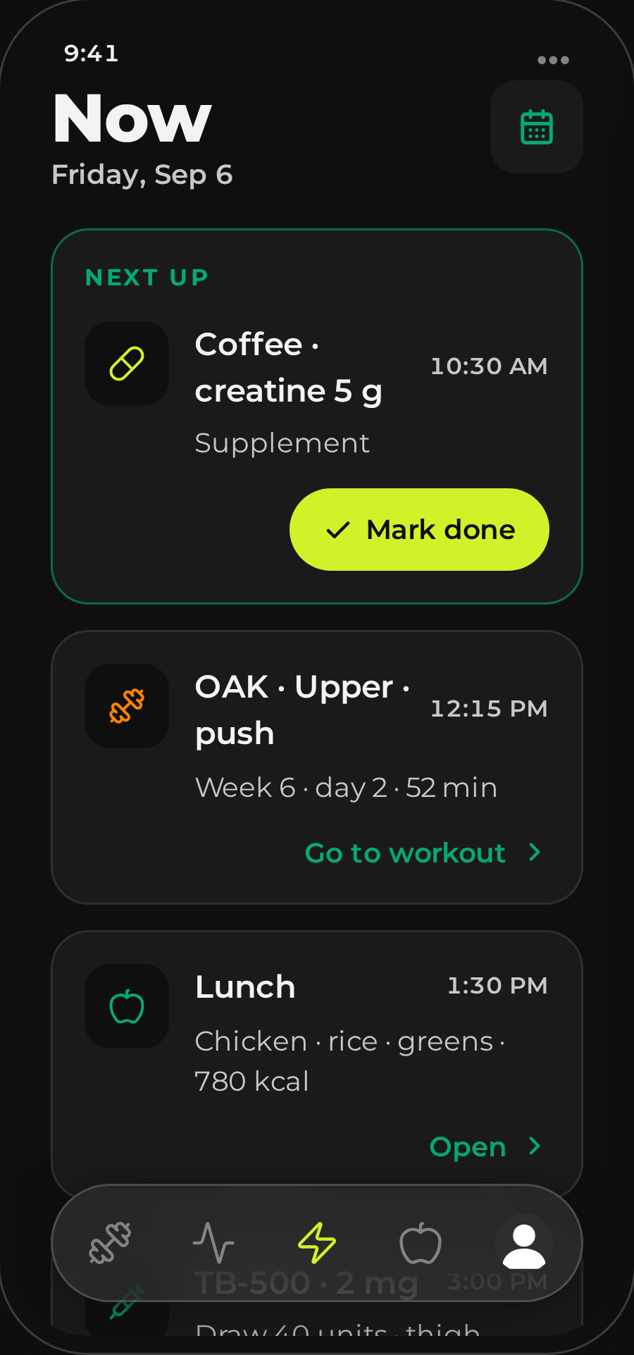 Fysigo Now screen listing the next supplement, workout and meal