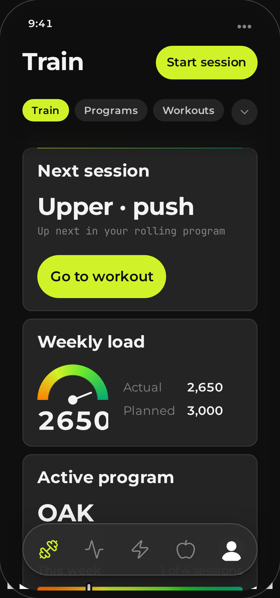 Fysigo training screen
