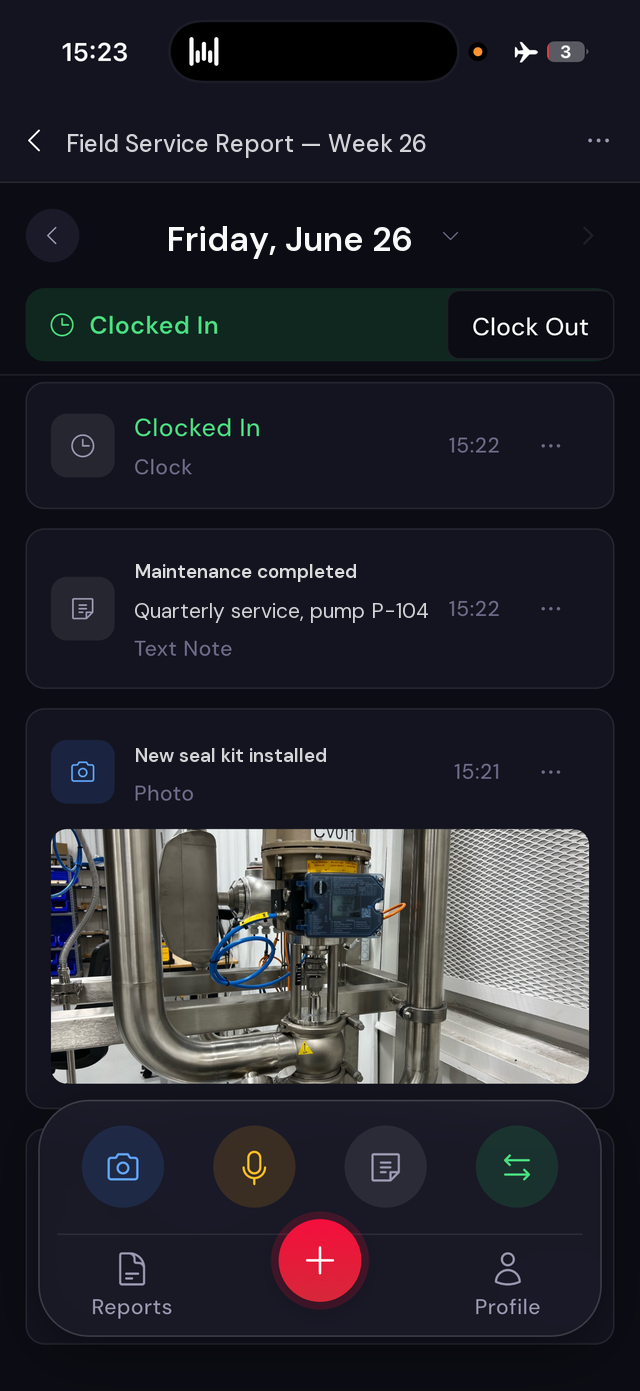 Instant Capture on iPhone: a field service report with a photo of a newly fitted seal kit