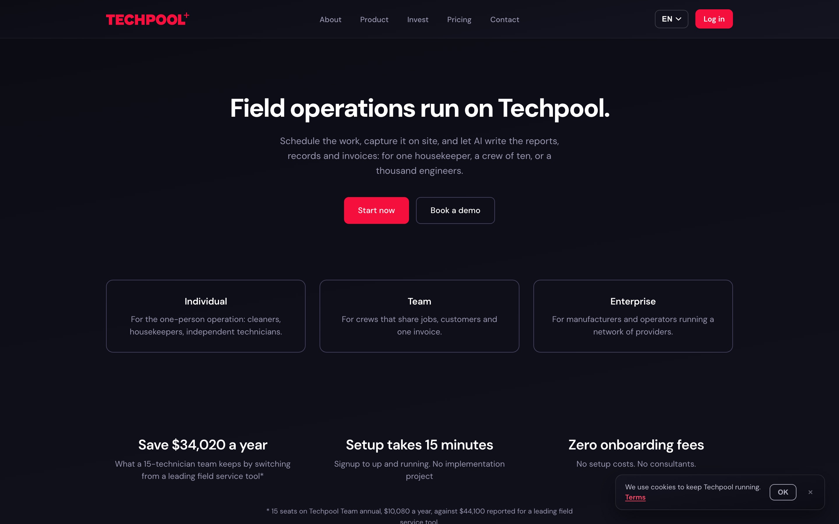 The Techpool website, showing the field service platform